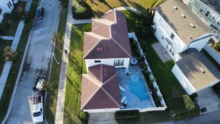 Aerial view of a house and roof wash in Central Florida